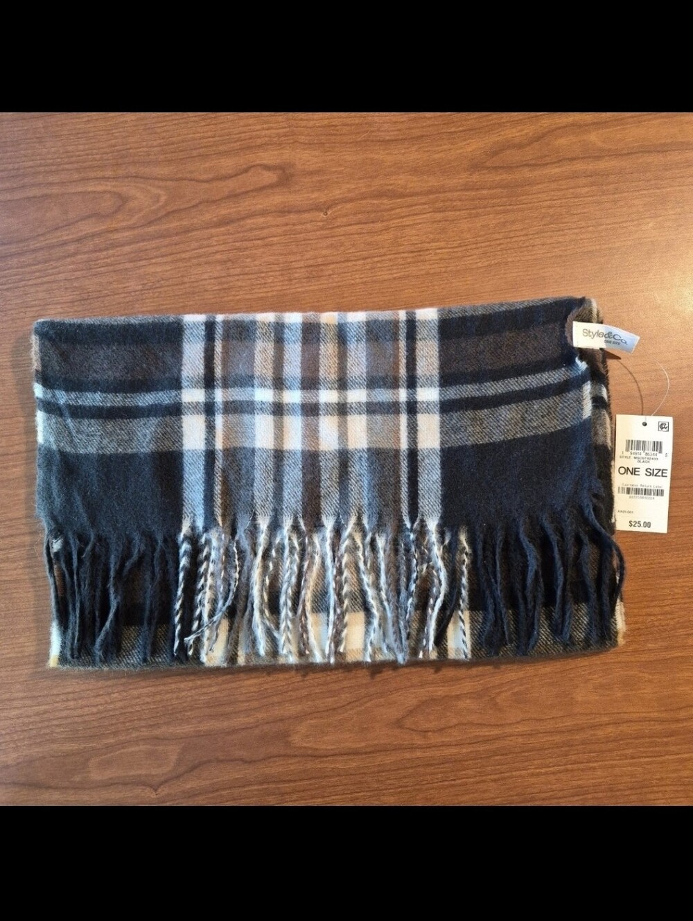 Neck Scarf 'Style & Co' Black Tan White Plaid Polyester Chic Minimalist NEW